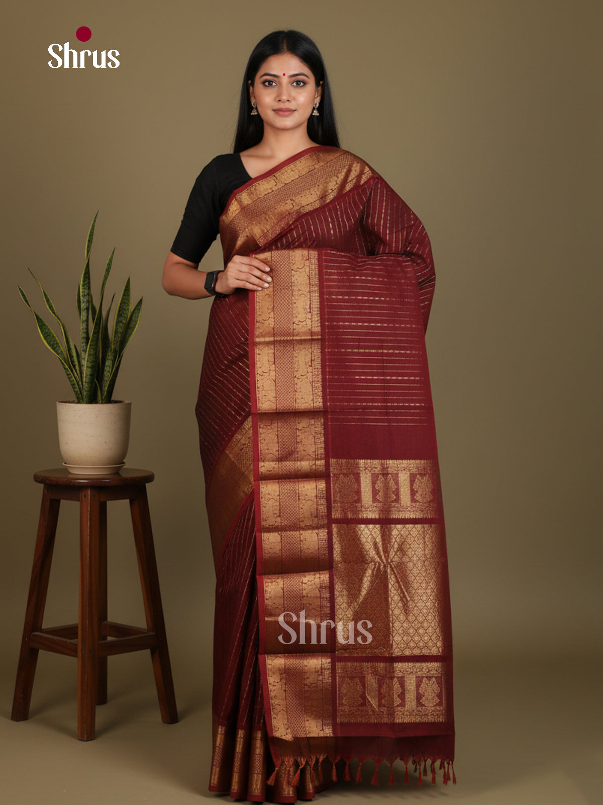 Lustrous Maroon Chettinad Cotton Saree With Zari Stripes & Brocade Pallu