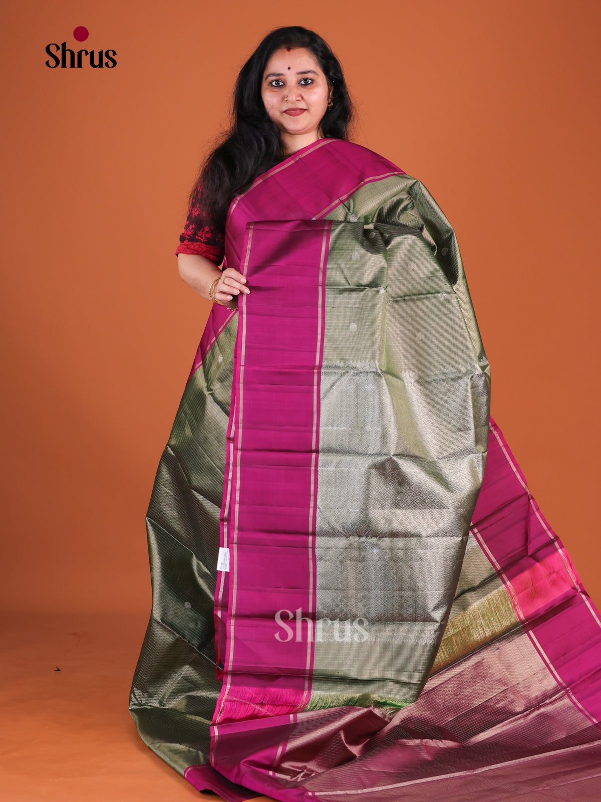 Lustrous Sage Green Kanchipuram Silk Saree With Intricate Checks & Buttas | Magenta Pink Border With Zari Stripes