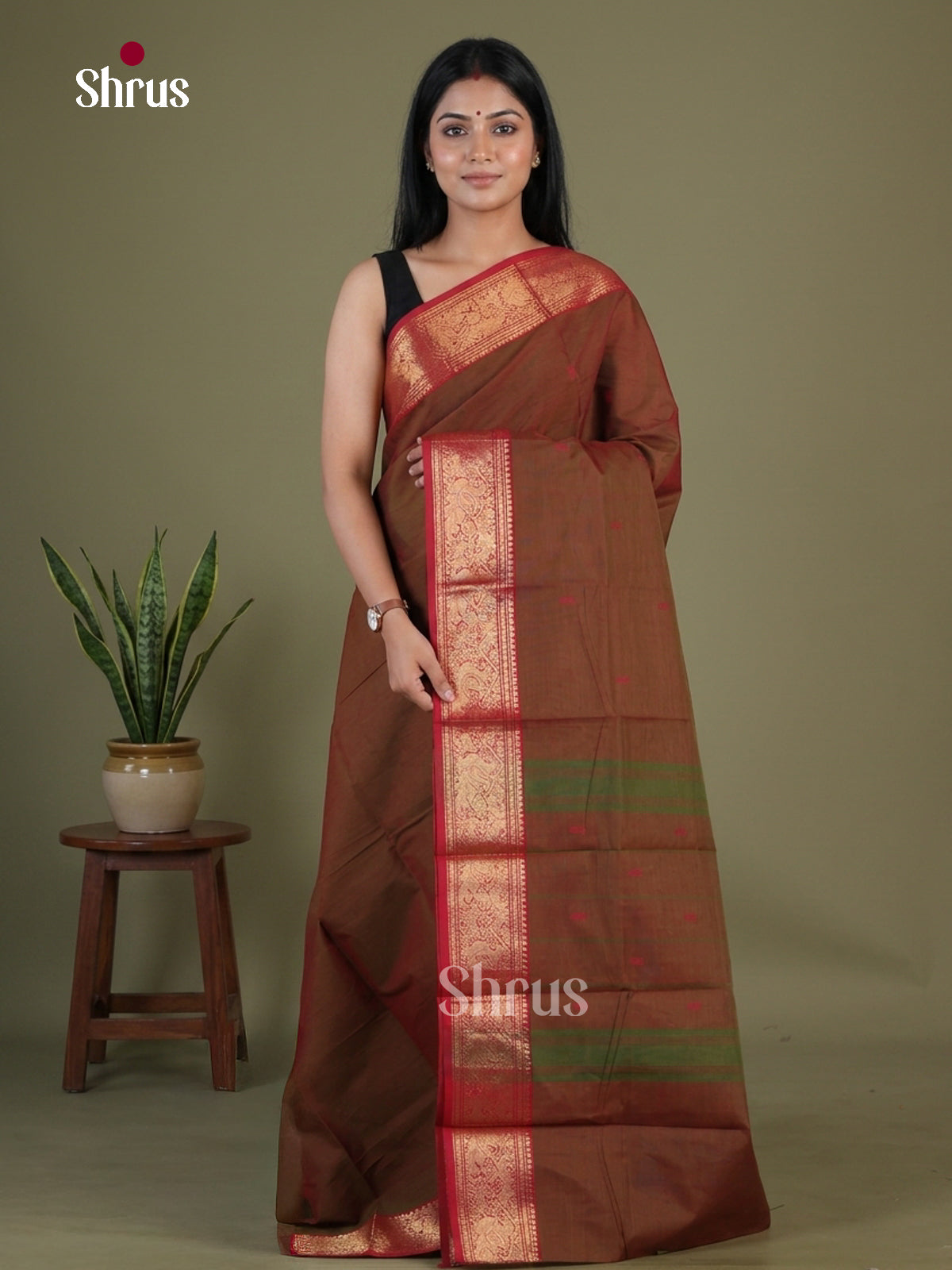 Luxurious Brown Chettinad Cotton Saree With Thread Buttas & Red Zari Border