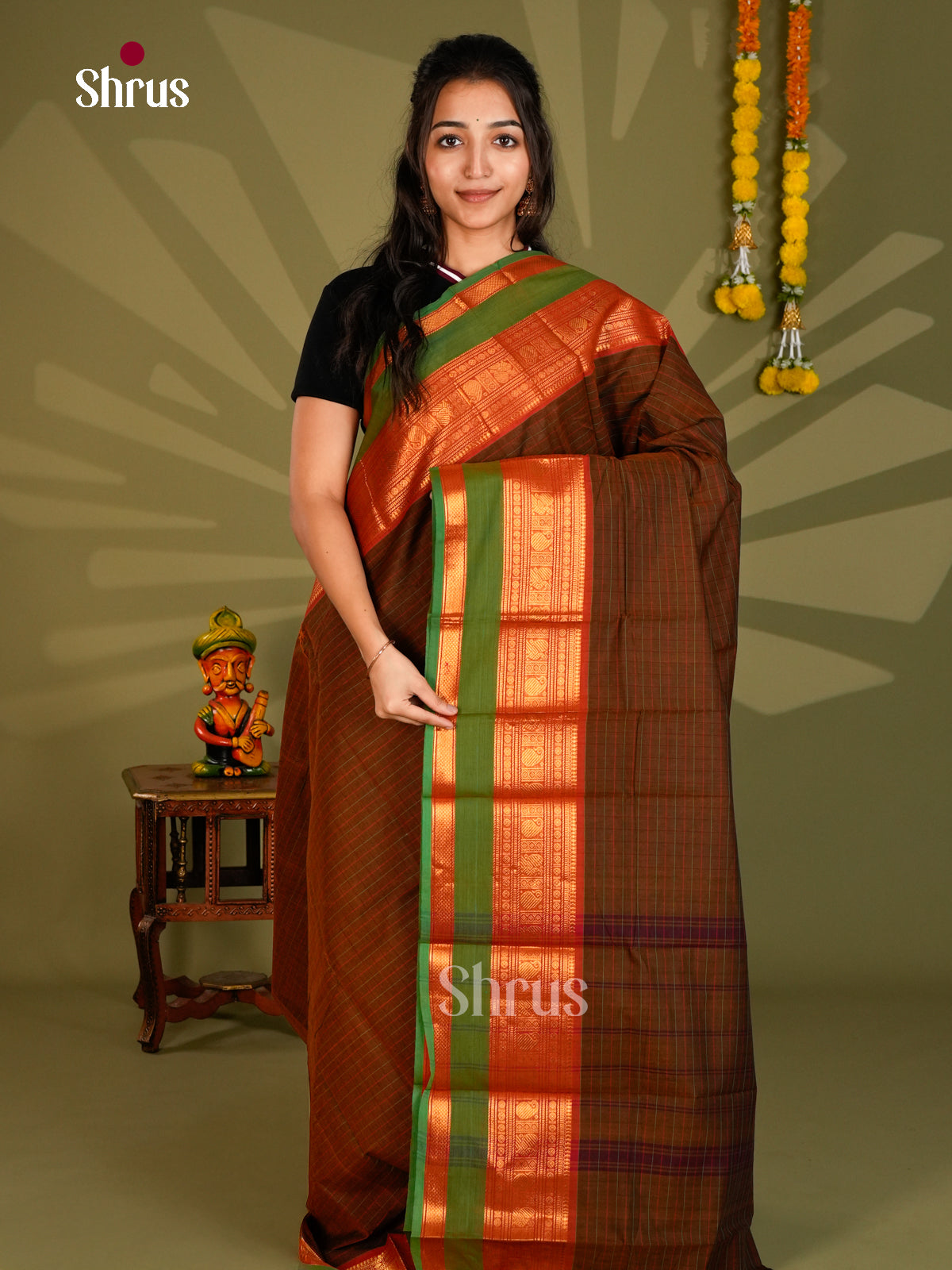 Luxurious Brown Chettinad Cotton Saree With Thread Checks & Broad Zari Woven Border