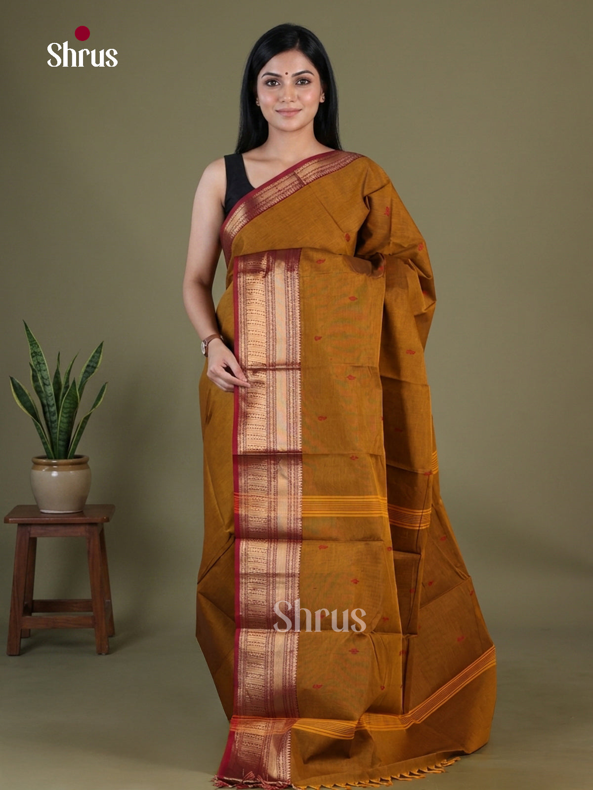 Luxurious Dark Mustard Chettinad Cotton Saree With Thread Buttas & Deep Red Zari Border