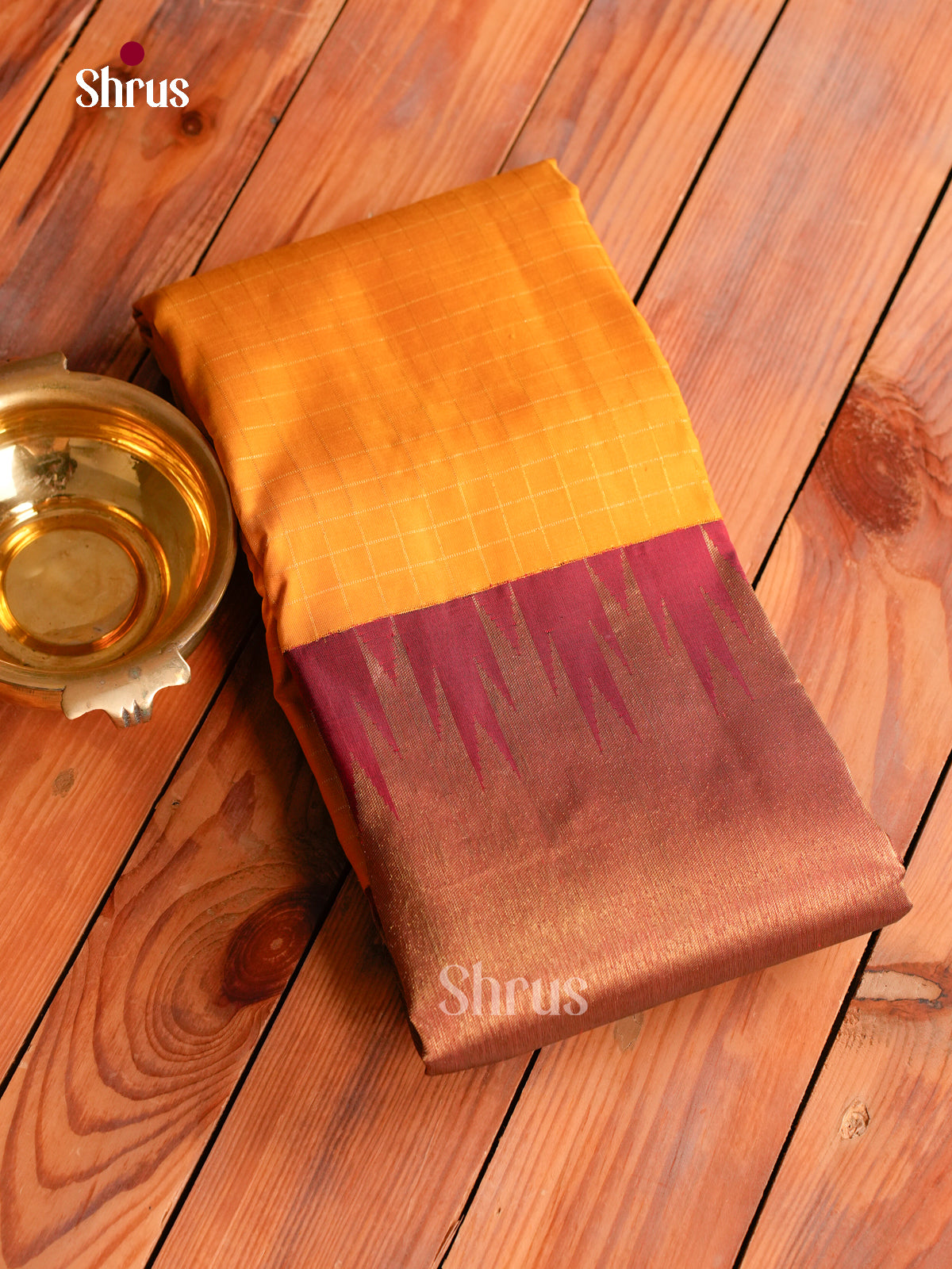 Luxurious Mustard Yellow Kanchipuram Saree With Gold Checks | Maroon Temple Zari Border