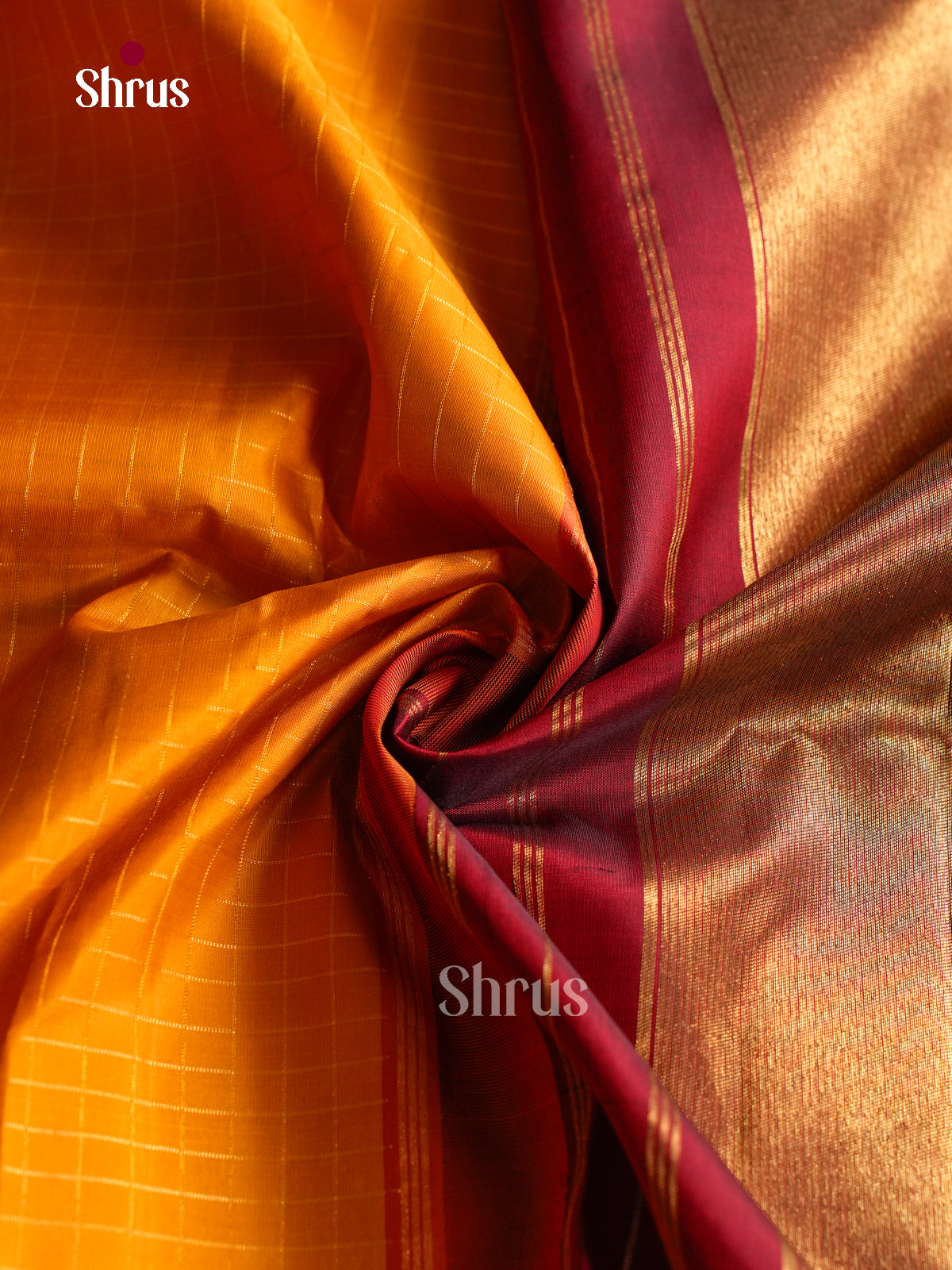 Luxurious Mustard Yellow Kanchipuram Sarees With Gold Checks | Maroon Temple Zari Border