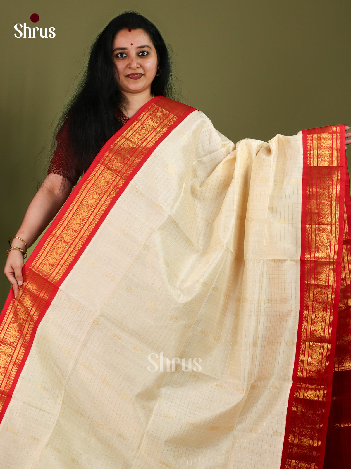 Luxurious Off White Cotton Silk Saree With Checks, Buttas & Red Temple Zari Border & Brocade Pallu 1