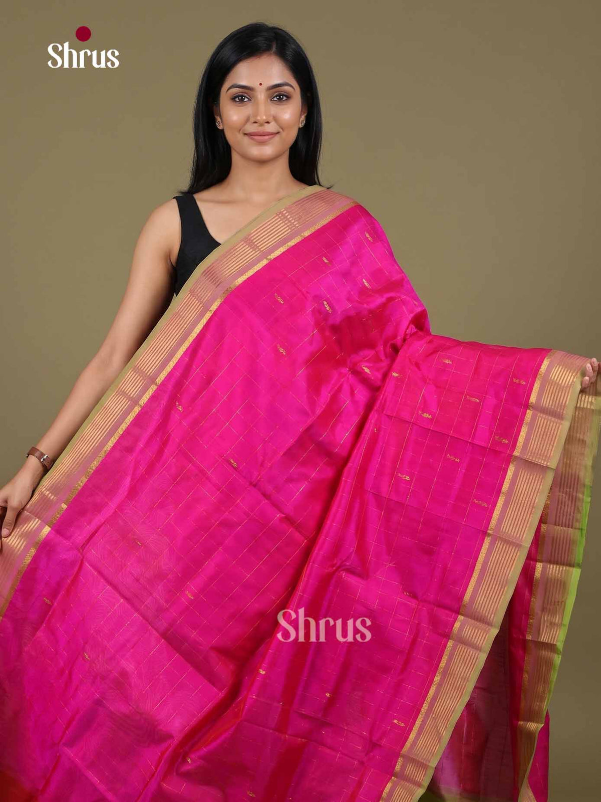 Luxurious Pink Cotton Silk Saree With Gold Checks, Buttas, Light Green Striped Border & Mustard Green Zari Pallu 1