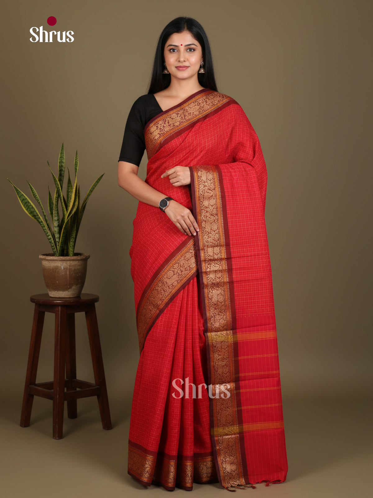 Luxurious Red Chettinad Cotton Saree With Thread Checks & Maroon Zari Woven Border