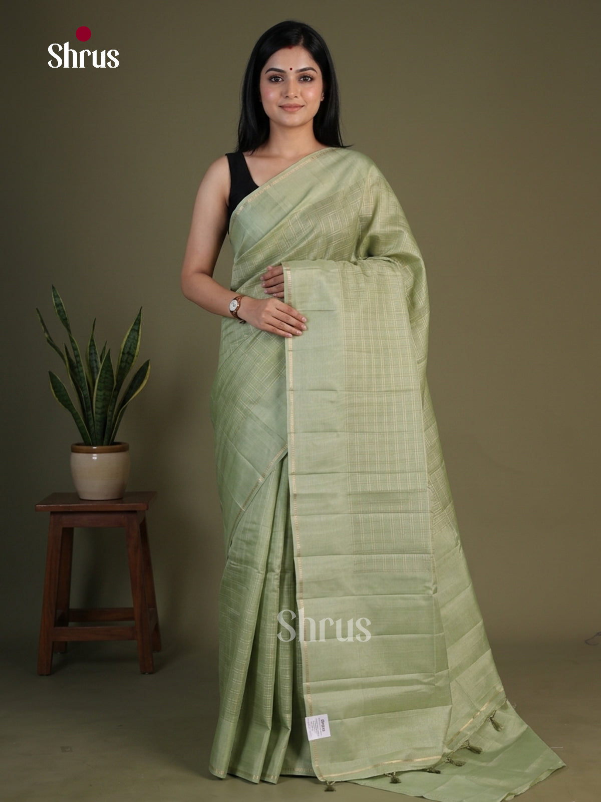 Luxurious Sage Green Semi Raw Silk Saree With Zari Checks, Plain Border & Pallu