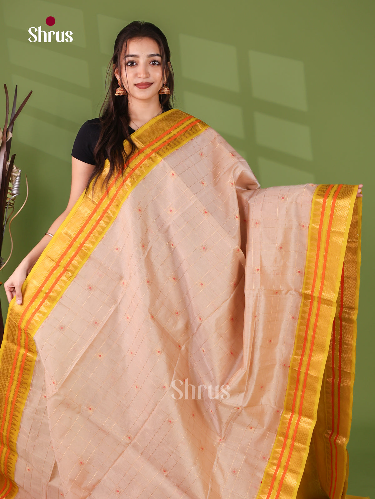Luxurious Sand Beige Cotton Silk Saree With Gold Checks, Buttas & Yellow Zari Brocade Pallu 1