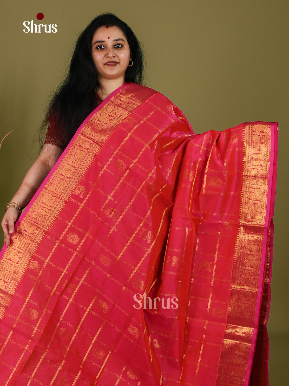 Luxurious Strawberry Pink Cotton Silk Saree With Gold Checks, Buttas, Temple Zari Border & Brocade Pallu 1