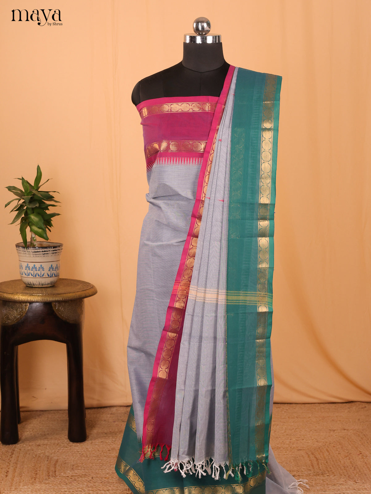 Grey & Green - Chettinad Cotton Unstitched Top & Dupatta - MCL18003 - Shop on Shrus.com