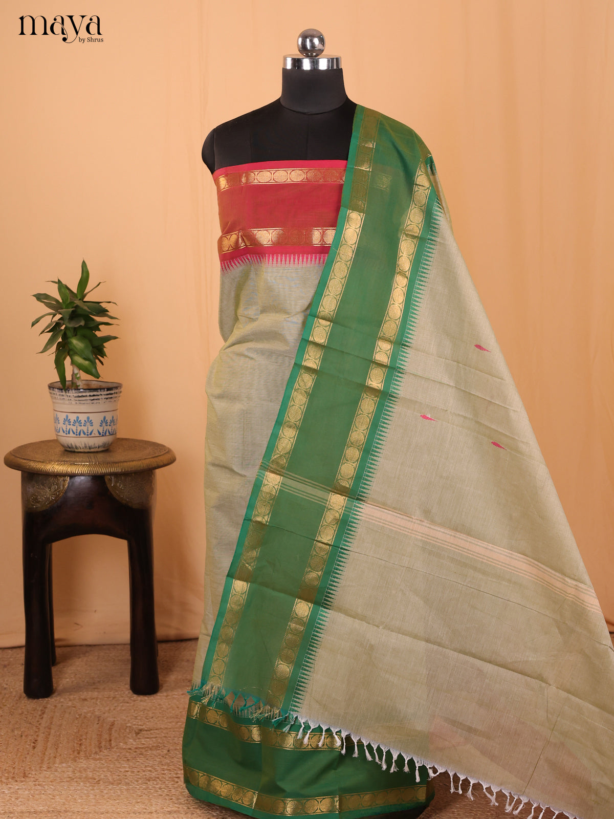 Grey & Green - Chettinad Cotton Unstitched Top & Dupatta - MCL18008 - Shop on Shrus.com