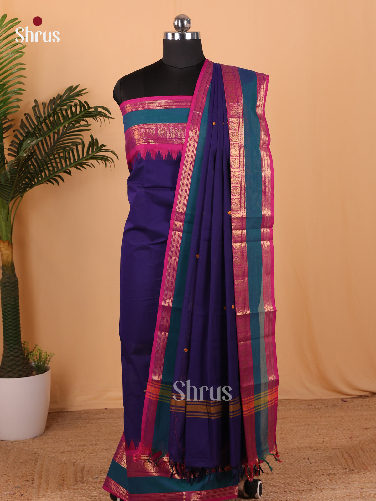 Blue & Majenta Chettinad Cotton Unstitched Top & Dupatta - MCL18026 - Shop on Shrus.com