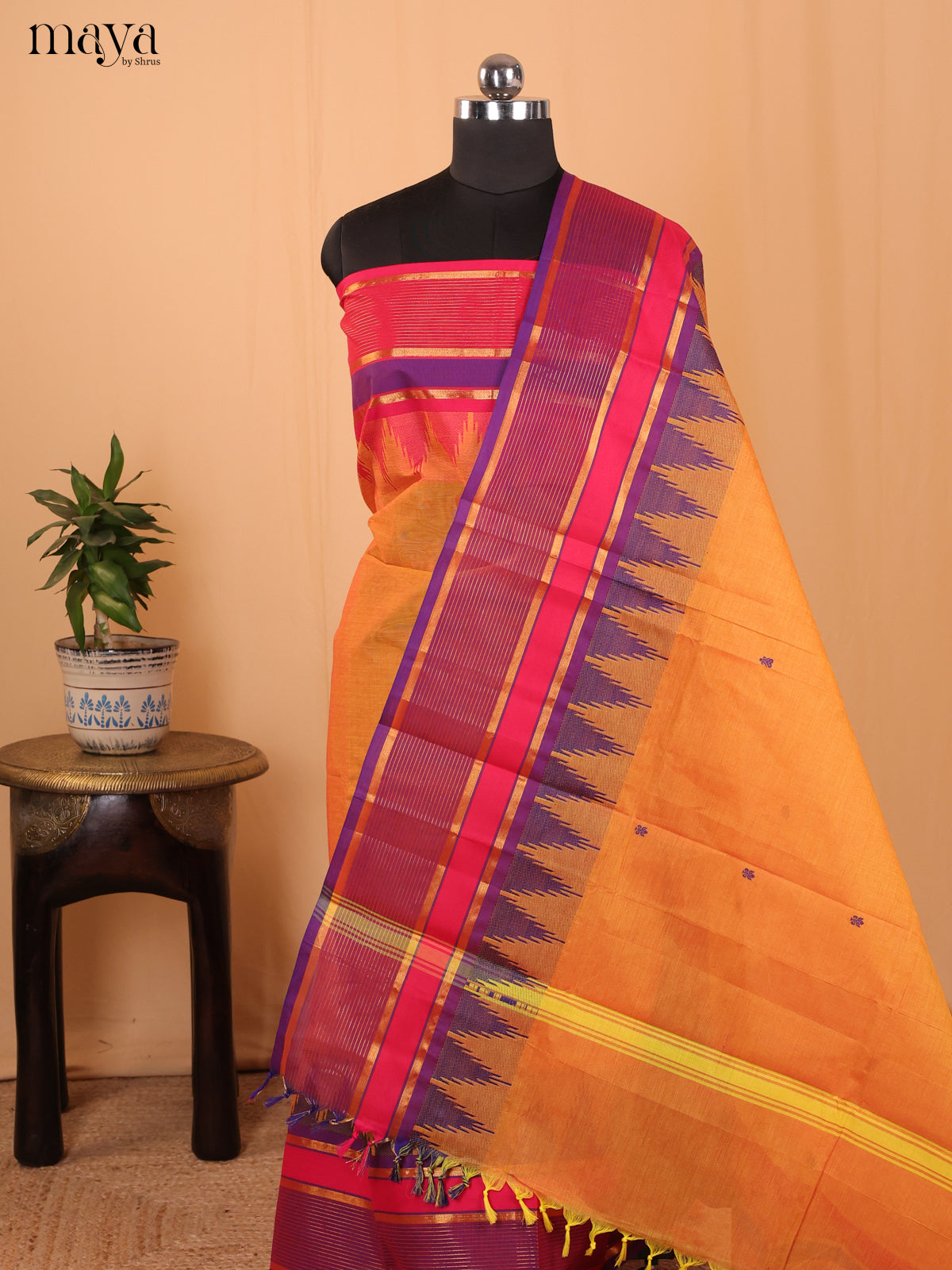 Orange & Pink - Chettinad Cotton Unstitched Top & Dupatta- MCL18028 - Shop on Shrus.com