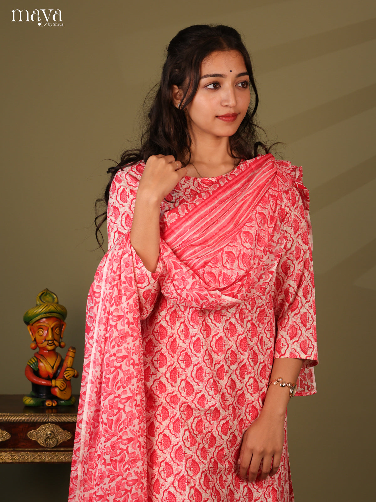 Red Cotton 3Pc Salwar Suit With Jaipuri Print - Top, Bottom & Dupatta - Shop on Shrus.com