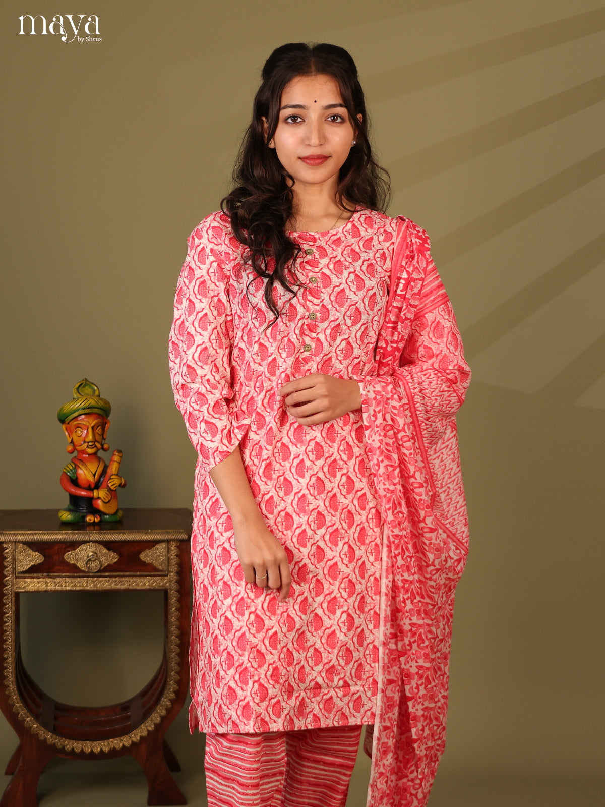 Red Cotton 3Pc Salwar Suit With Jaipuri Print - Top, Bottom & Dupatta - Shop on Shrus.com