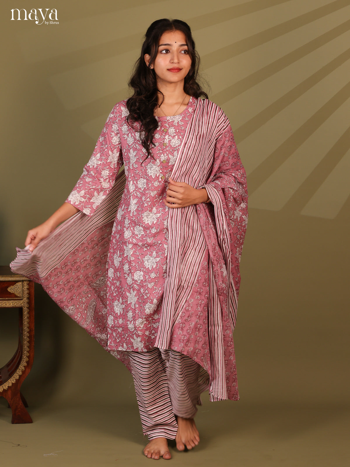 Pink Cotton 3pc Salwar Suit with Floral Print - Top, Bottom & Dupatta - Shop on Shrus.com