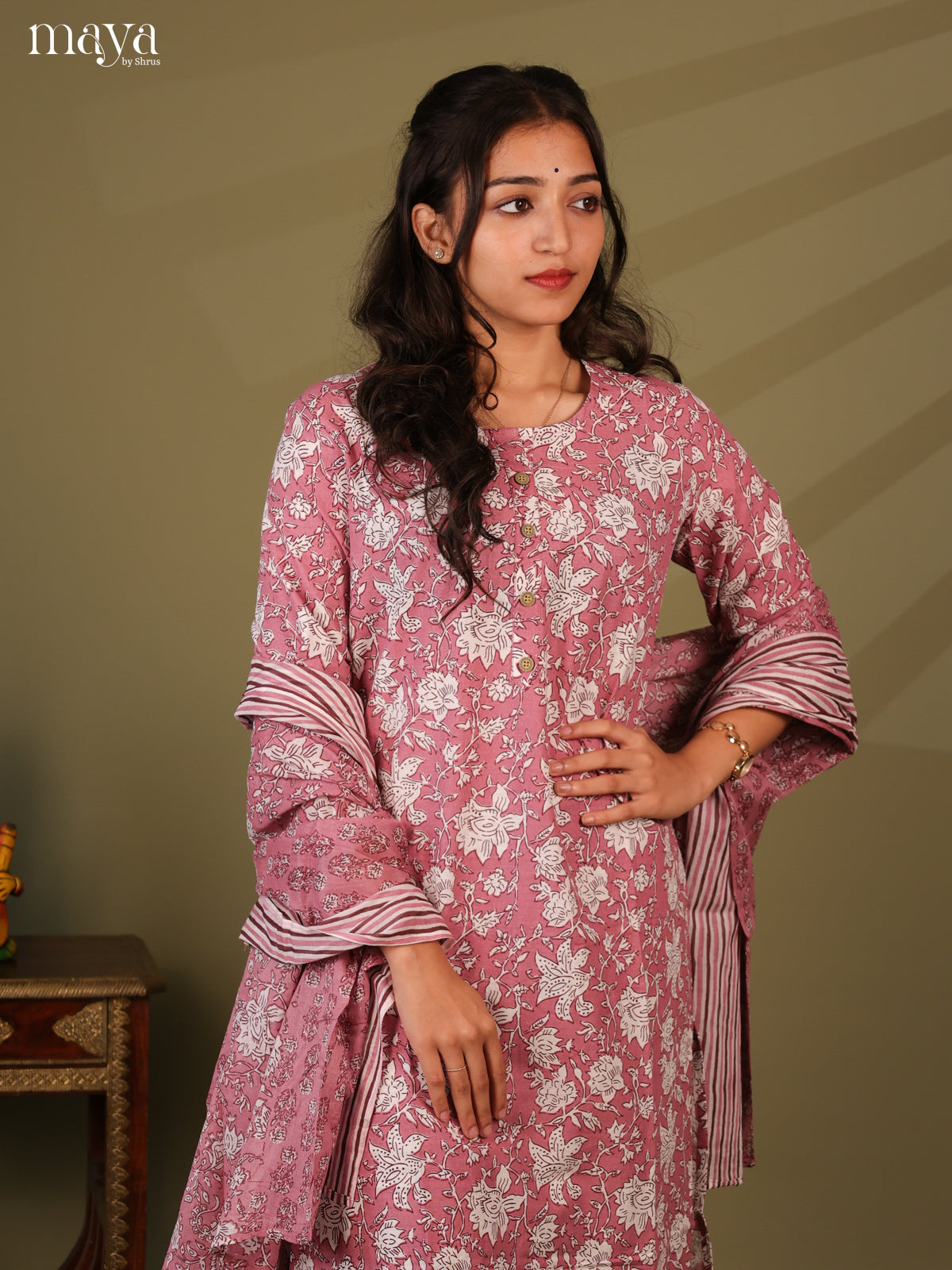 Pink Cotton 3pc Salwar Suit with Floral Print - Top, Bottom & Dupatta - Shop on Shrus.com