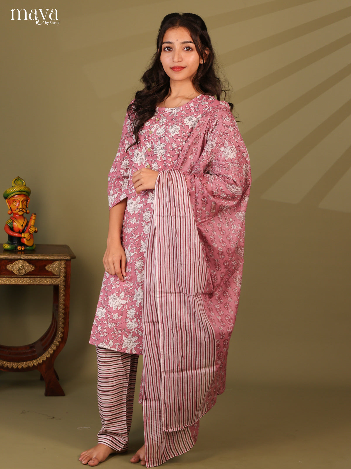 Pink Cotton 3pc Salwar Suit with Floral Print - Top, Bottom & Dupatta - Shop on Shrus.com