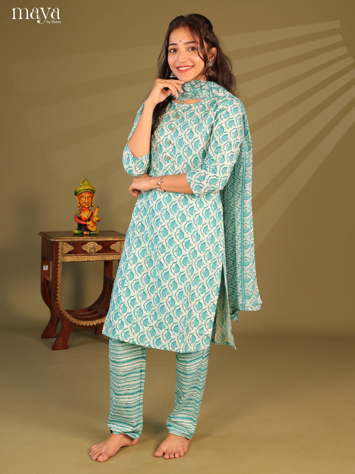 Green Cotton 3pc Salwar Suit with Jaipur Print - Top, Bottom & Dupatta - Shop on Shrus.com