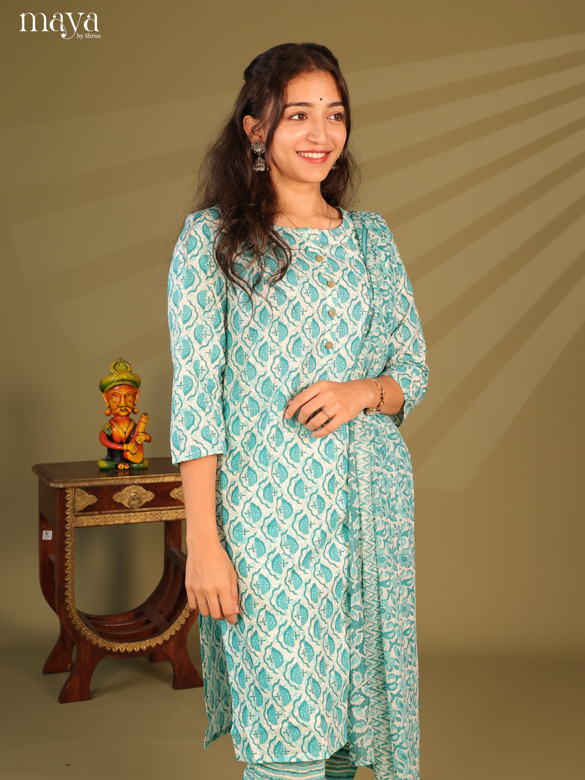 Green Cotton 3pc Salwar Suit with Jaipur Print - Top, Bottom & Dupatta - Shop on Shrus.com