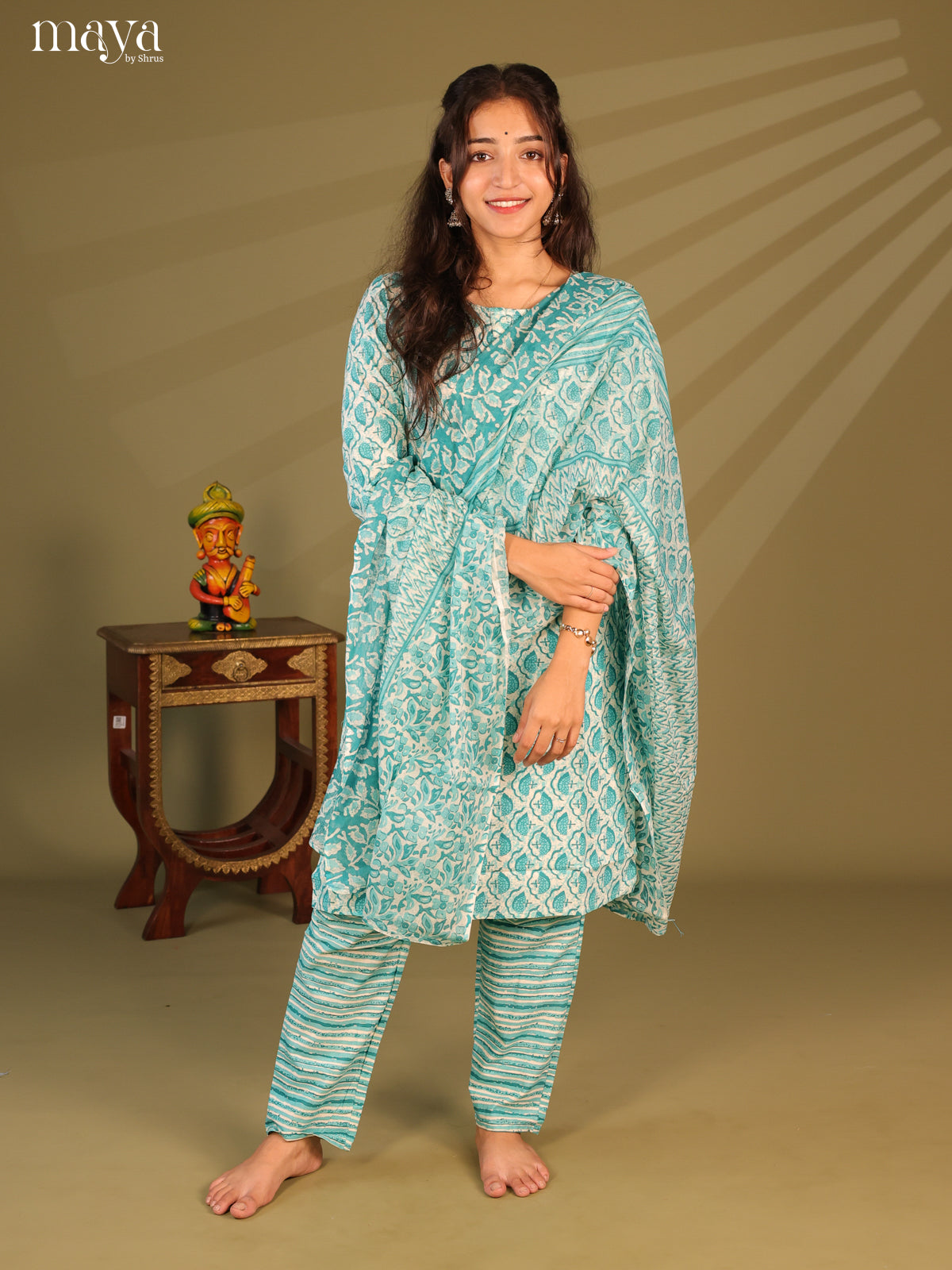 Green Cotton 3pc Salwar Suit with Jaipur Print - Top, Bottom & Dupatta - Shop on Shrus.com