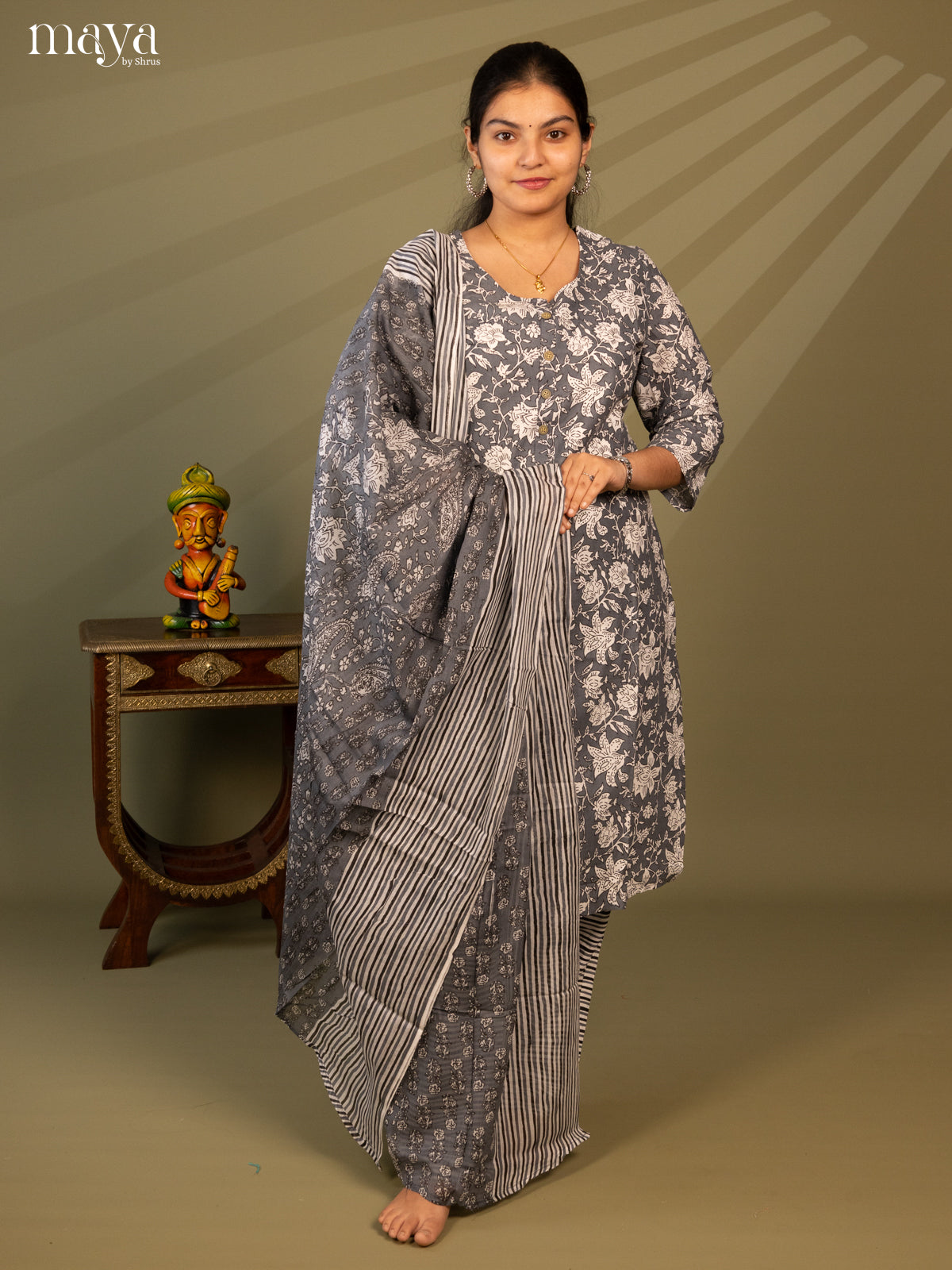 Grey Cotton 3pc Salwar Suit with Floral Print - Top, Bottom & Dupatta - Shop on Shrus.com