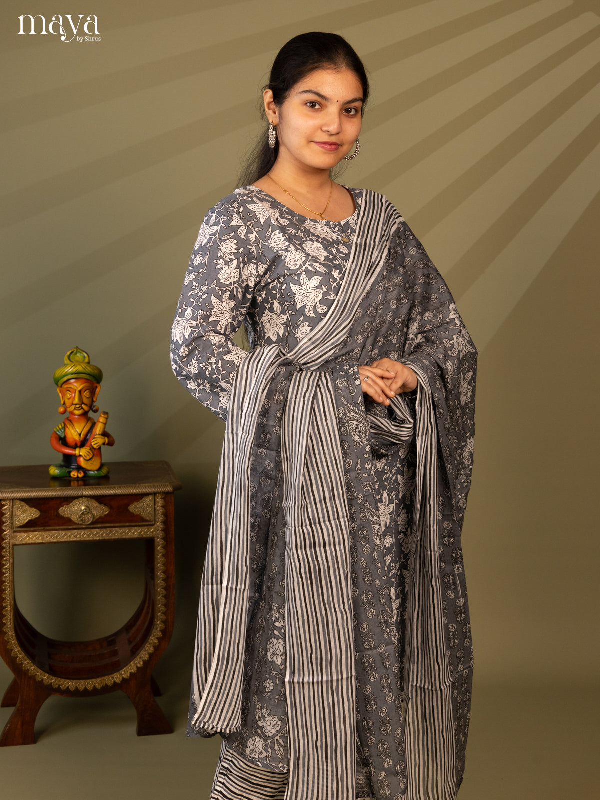 Grey Cotton 3pc Salwar Suit with Floral Print - Top, Bottom & Dupatta - Shop on Shrus.com