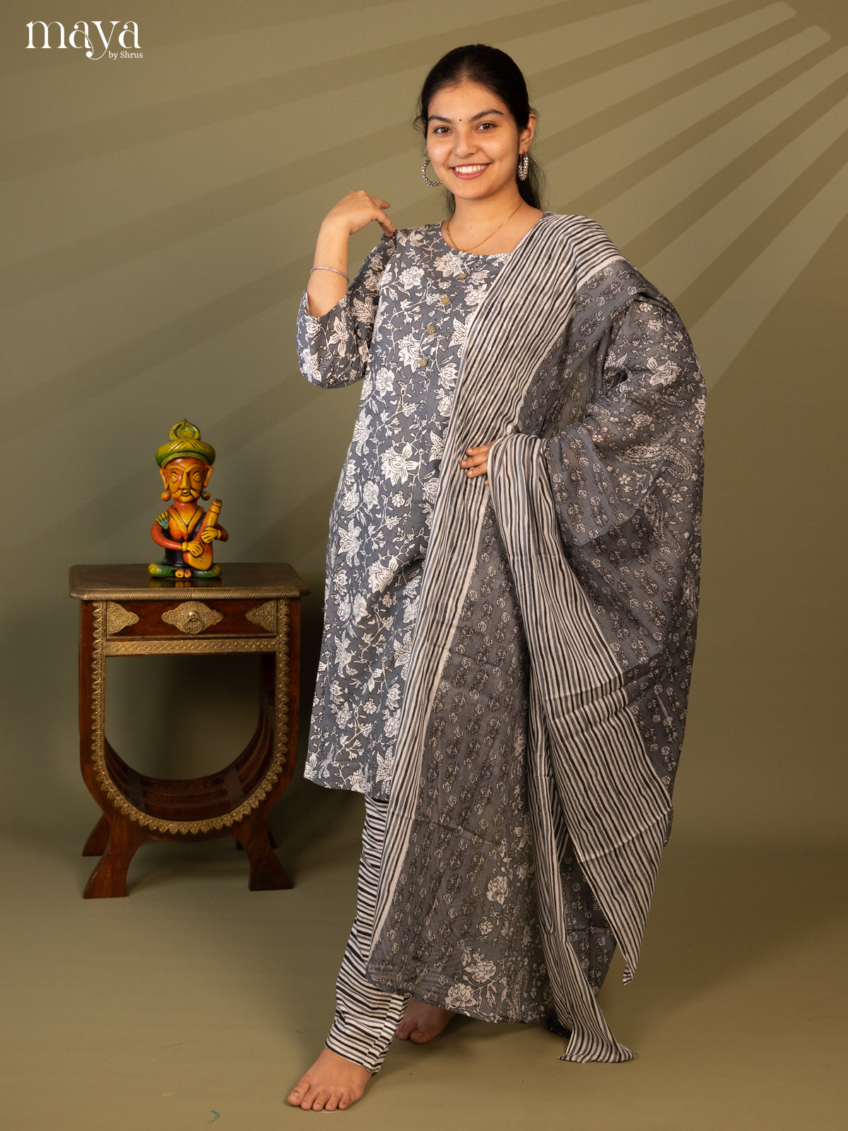 Grey Cotton 3pc Salwar Suit with Floral Print - Top, Bottom & Dupatta - Shop on Shrus.com