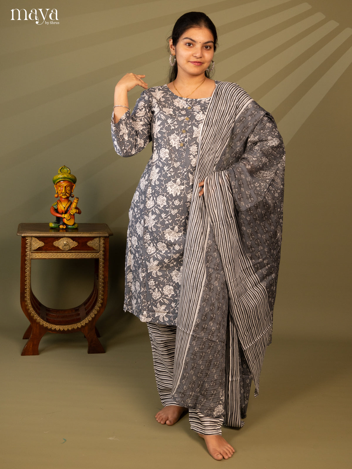 Grey Cotton 3pc Salwar Suit with Floral Print - Top, Bottom & Dupatta - Shop on Shrus.com