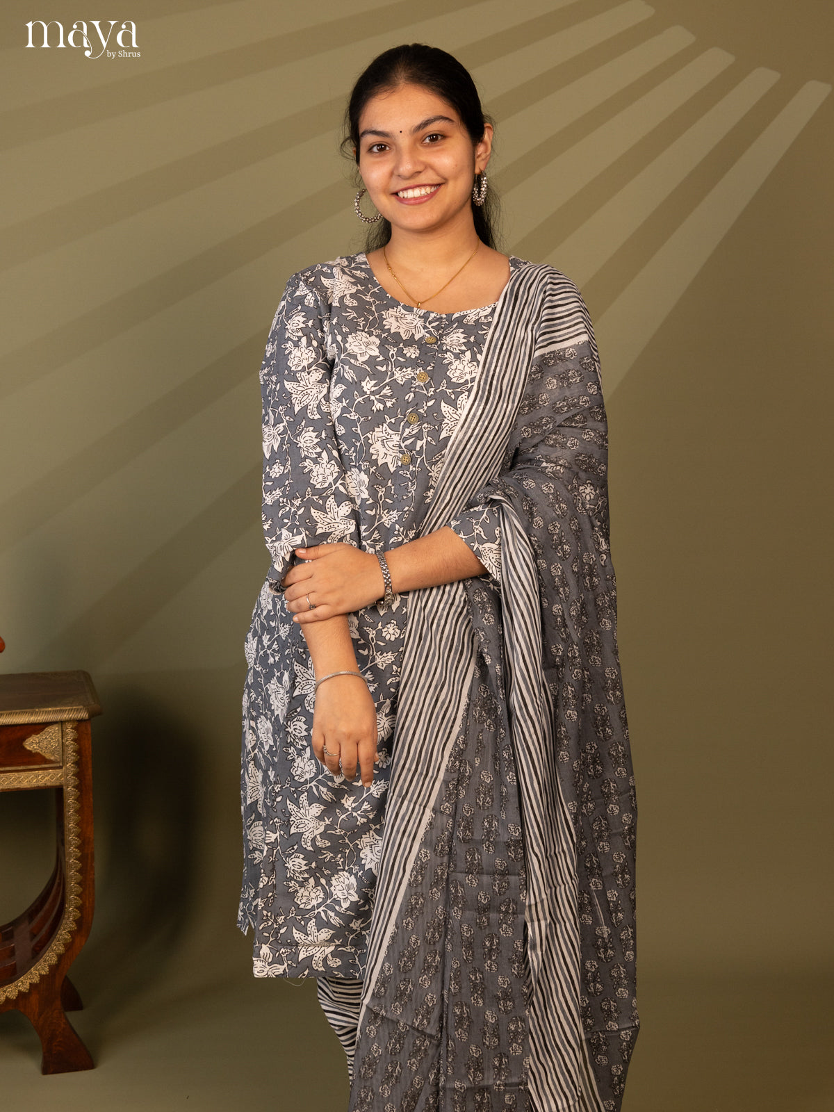 Grey Cotton 3pc Salwar Suit with Floral Print - Top, Bottom & Dupatta - Shop on Shrus.com