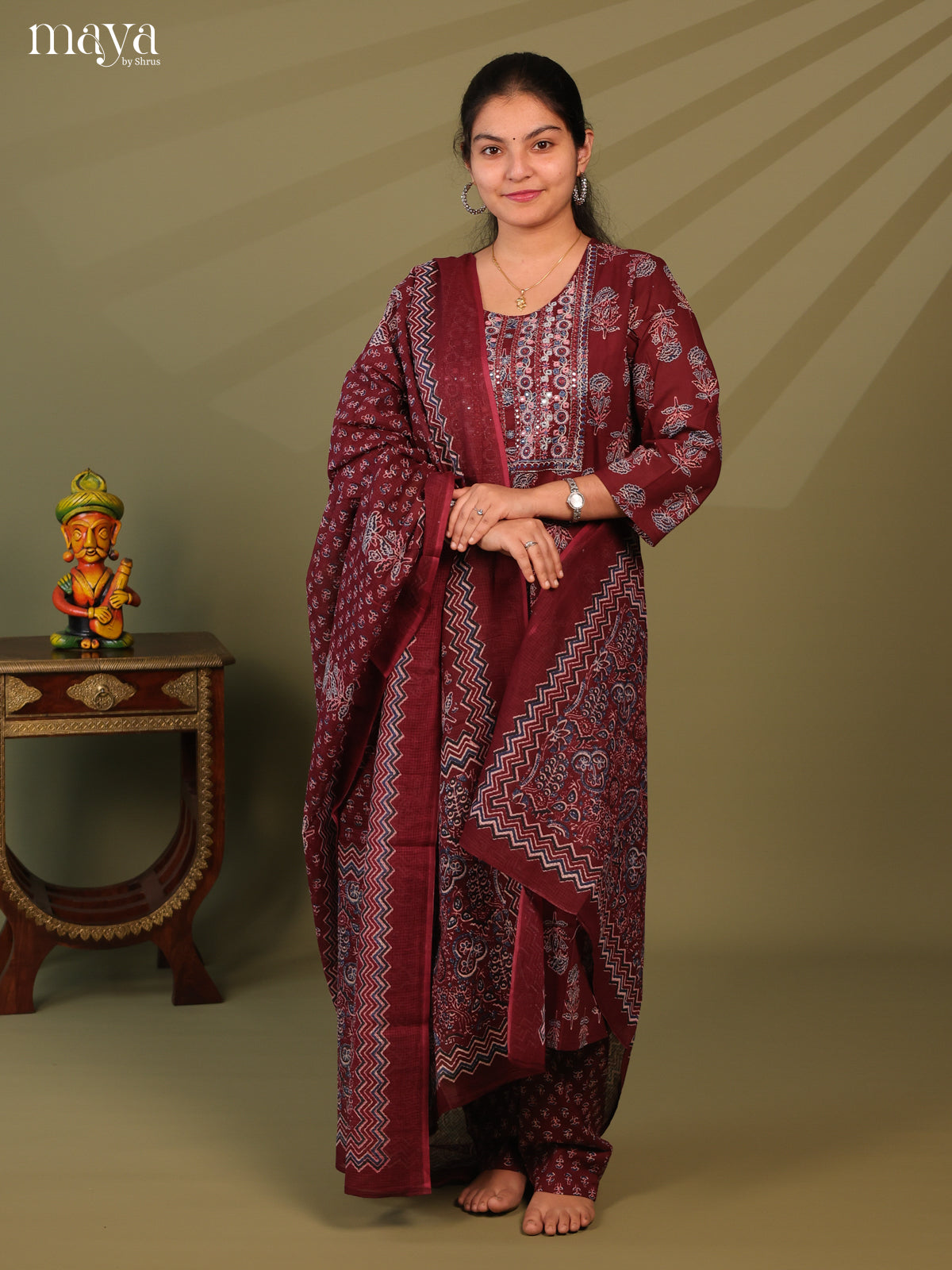 Maroon Cotton 3pc Salwar Suit with Ajrakh Print - Top, Bottom & Dupatta - Shop on Shrus.com
