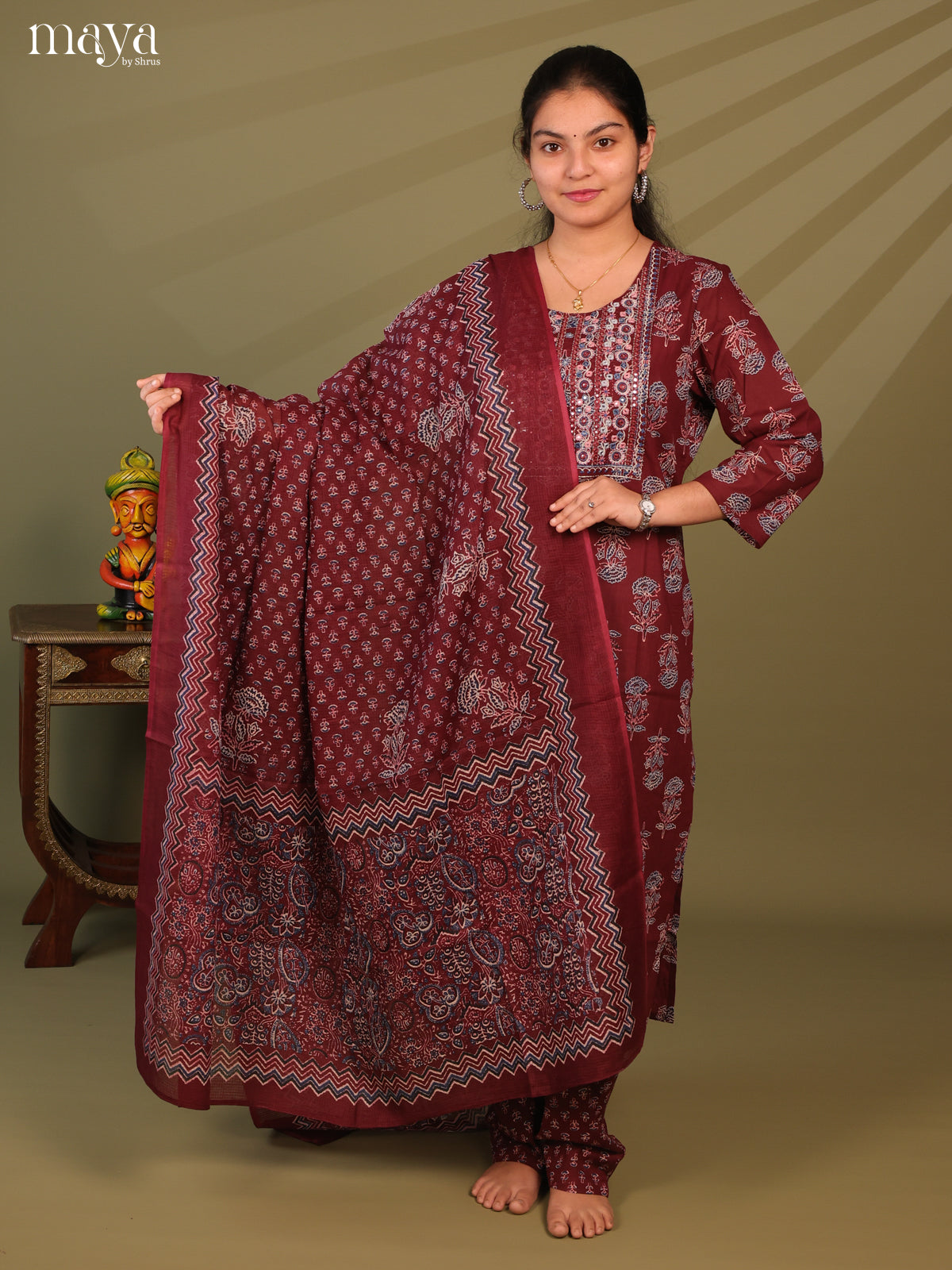 Maroon Cotton 3pc Salwar Suit with Ajrakh Print - Top, Bottom & Dupatta - Shop on Shrus.com