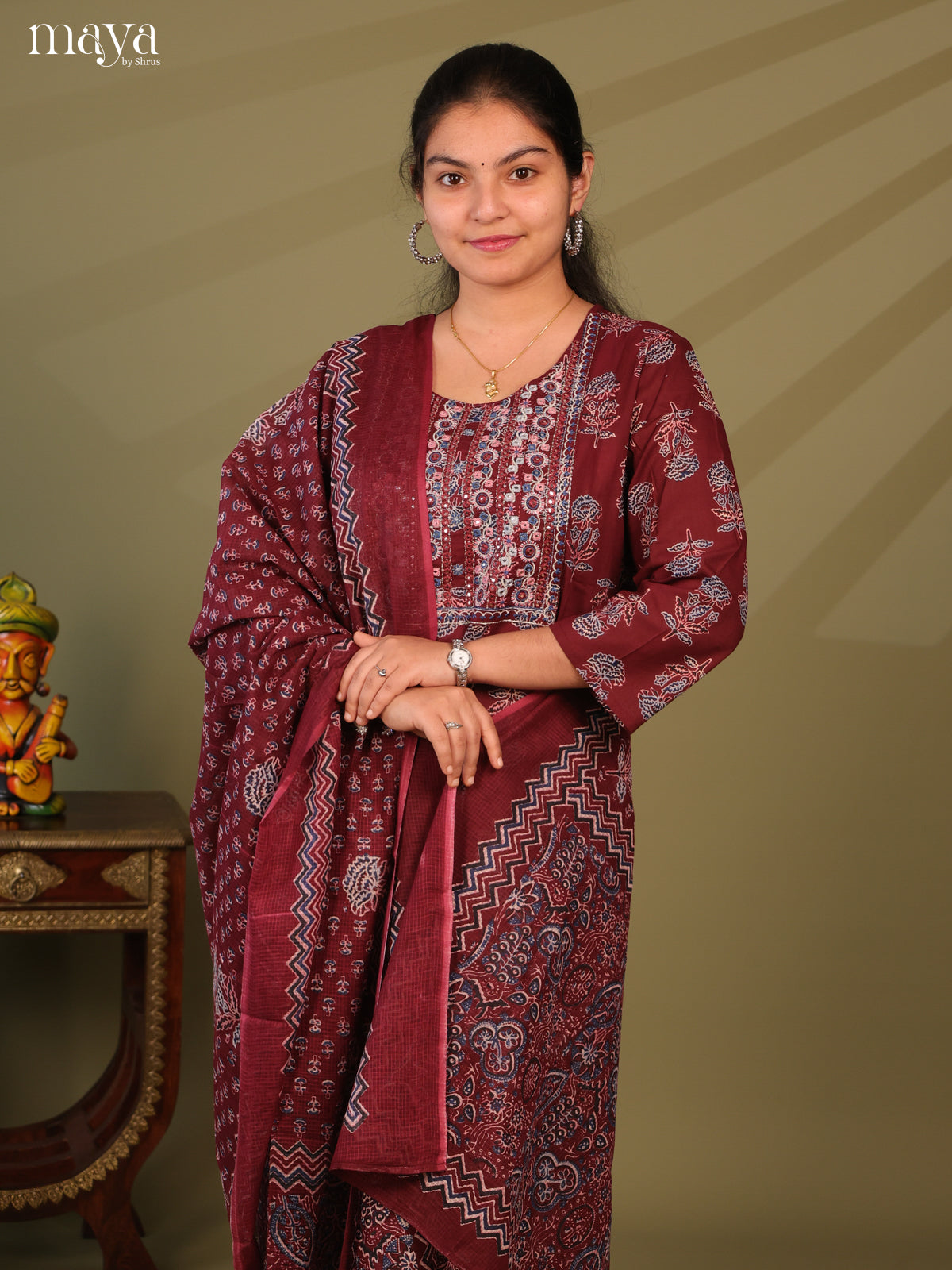 Maroon Cotton 3pc Salwar Suit with Ajrakh Print - Top, Bottom & Dupatta - Shop on Shrus.com