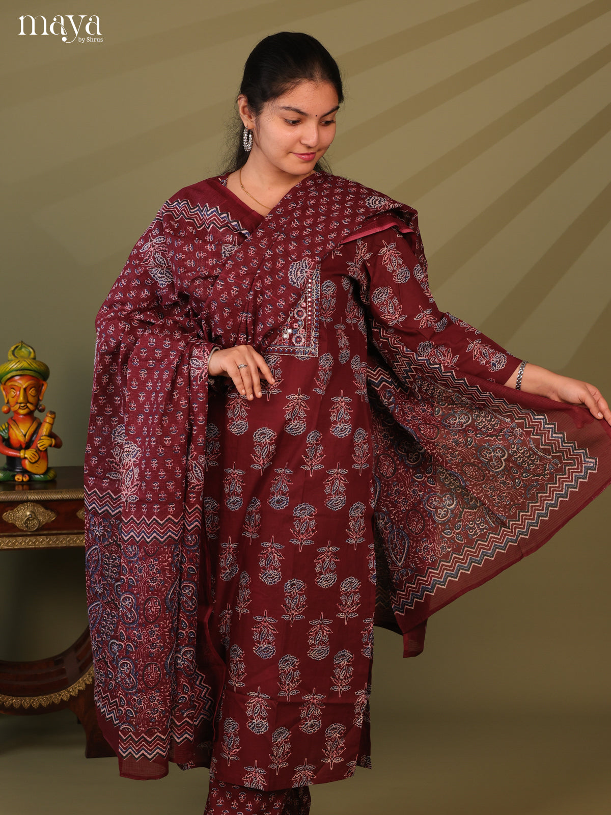 Maroon Cotton 3pc Salwar Suit with Ajrakh Print - Top, Bottom & Dupatta - Shop on Shrus.com