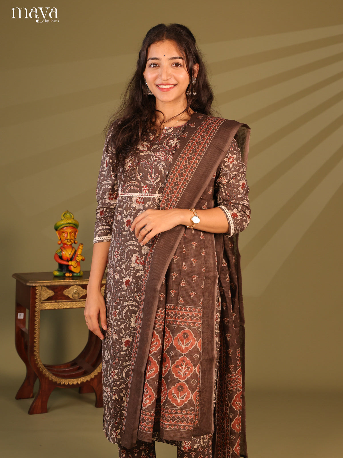 Brown Cotton 3pc Salwar Suit with Floral Print - Top, Bottom & Dupatta - Shop on Shrus.com