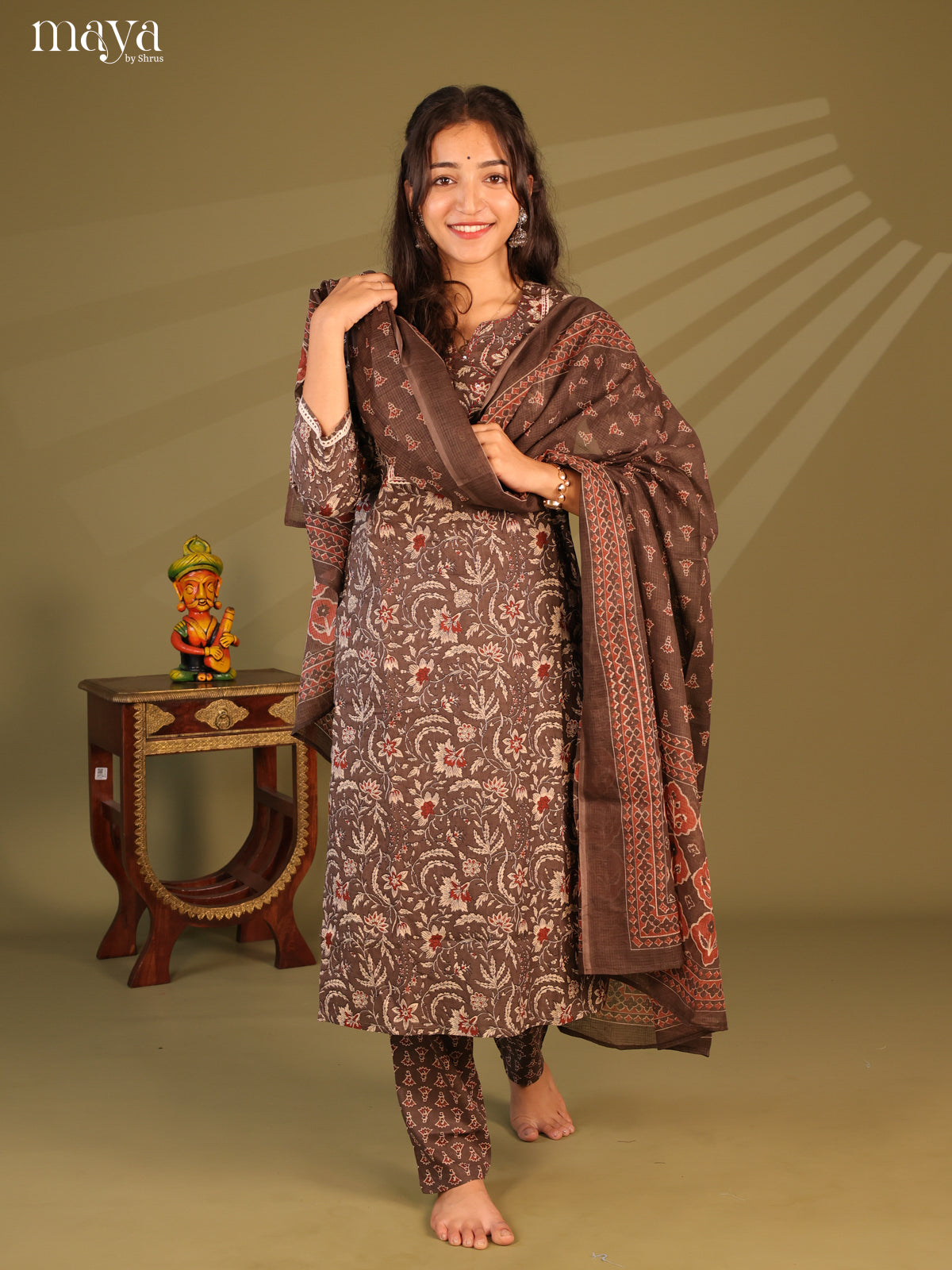 Brown Cotton 3pc Salwar Suit with Floral Print - Top, Bottom & Dupatta - Shop on Shrus.com