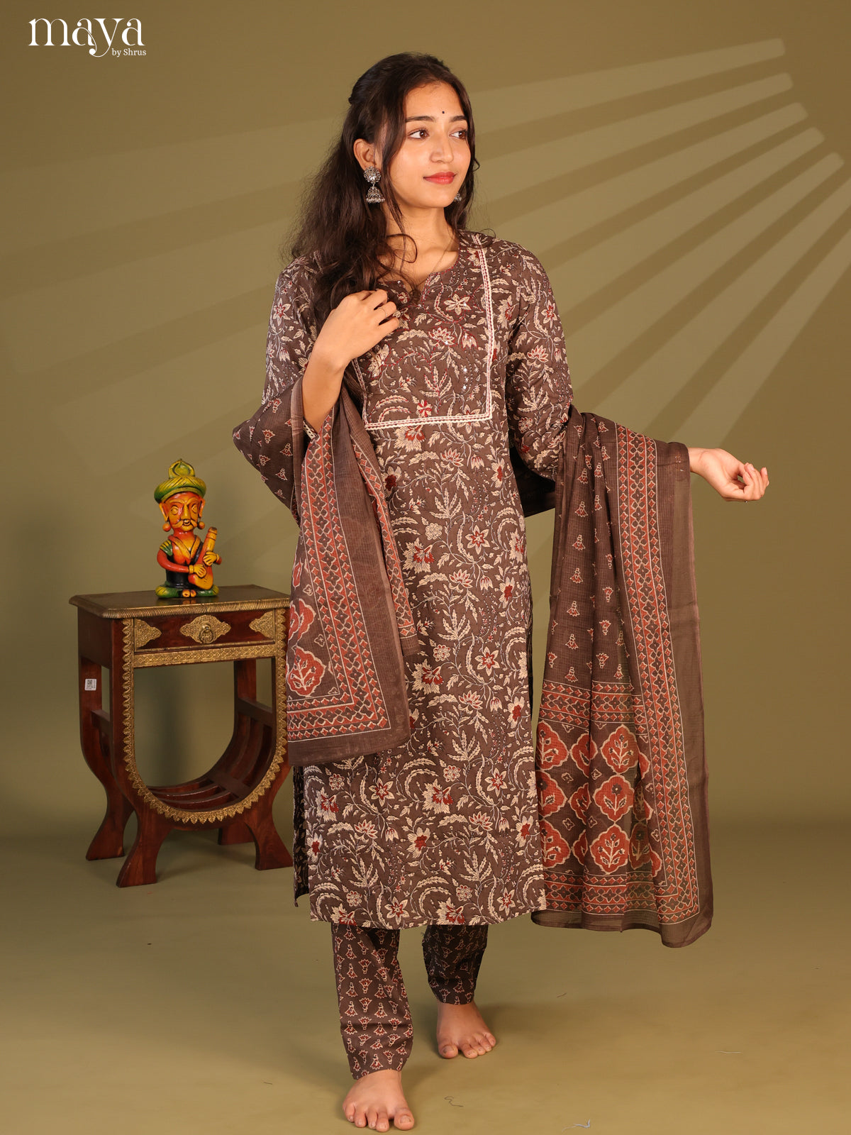 Brown Cotton 3pc Salwar Suit with Floral Print - Top, Bottom & Dupatta - Shop on Shrus.com