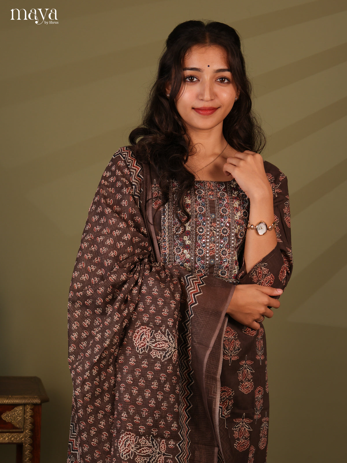 Brown Cotton 3pc Salwar Suit with Ajrakh Print - Top, Bottom & Dupatta - Shop on Shrus.com