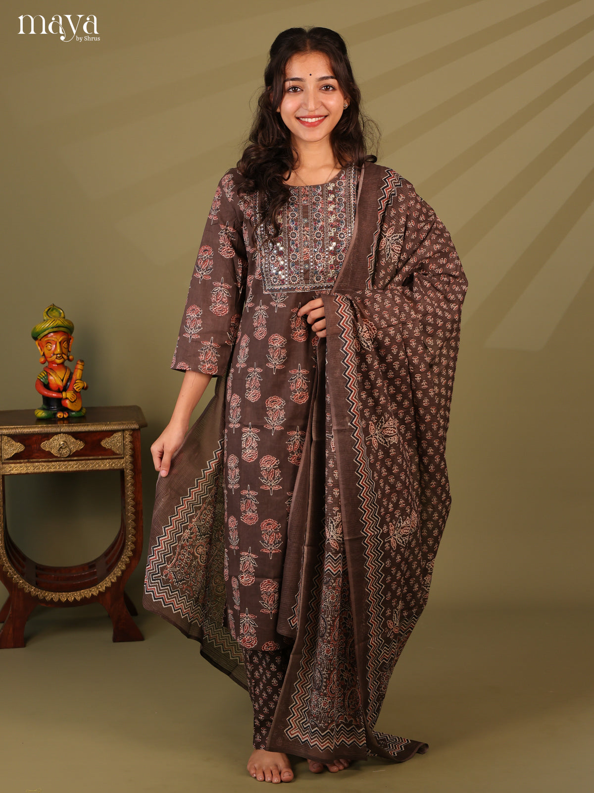 Brown Cotton 3pc Salwar Suit with Ajrakh Print - Top, Bottom & Dupatta - Shop on Shrus.com