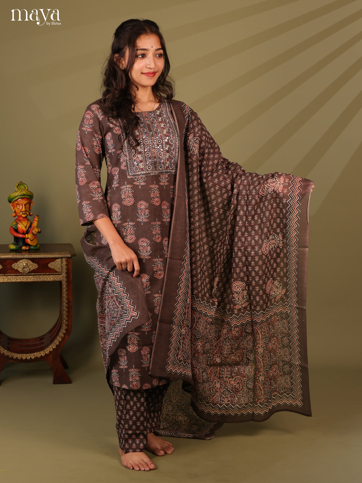 Brown Cotton 3pc Salwar Suit with Ajrakh Print - Top, Bottom & Dupatta - Shop on Shrus.com