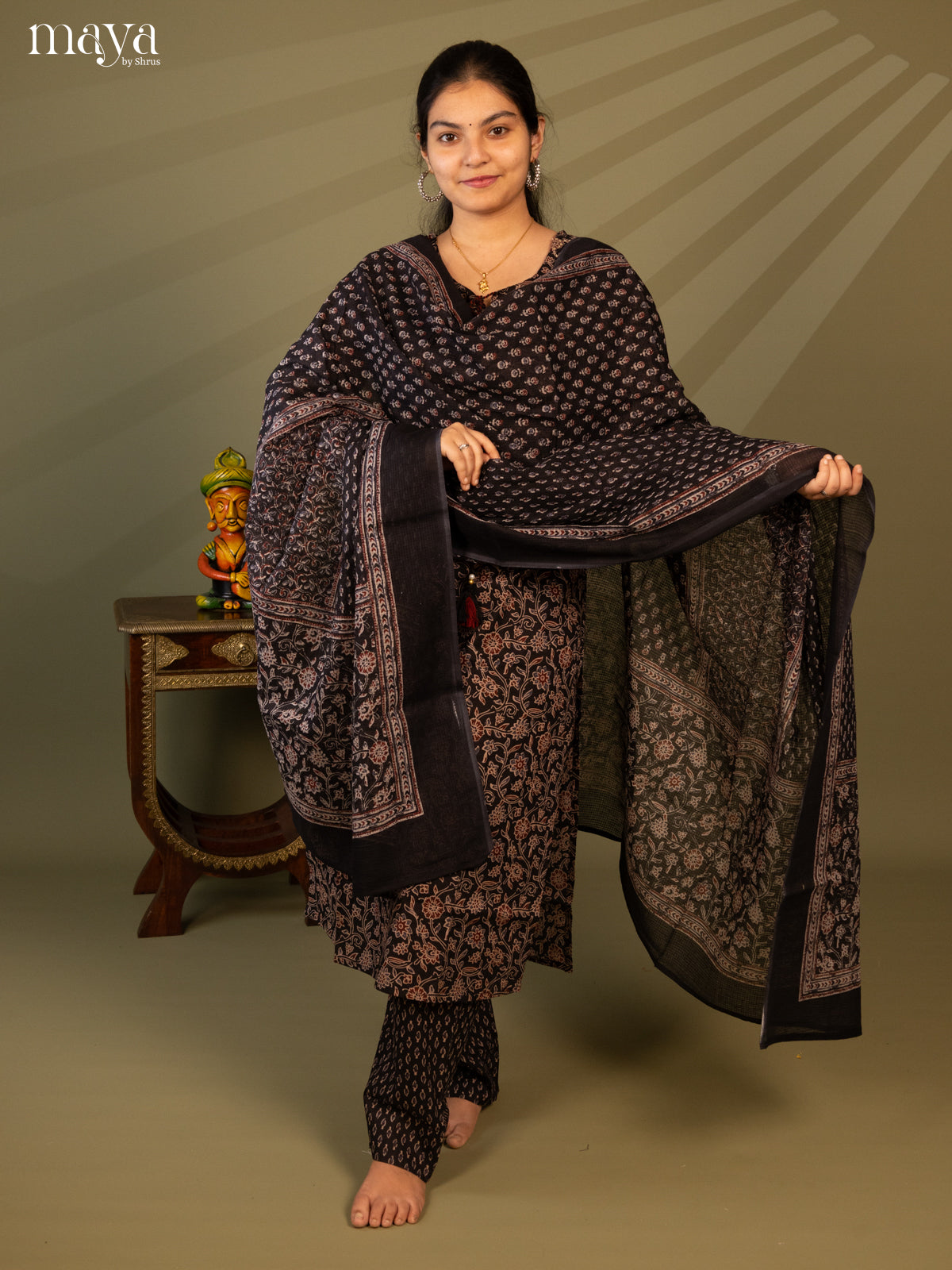 Black Cotton 3pc Salwar Suit with Floral Print - Top, Bottom & Dupatta - Shop on Shrus.com