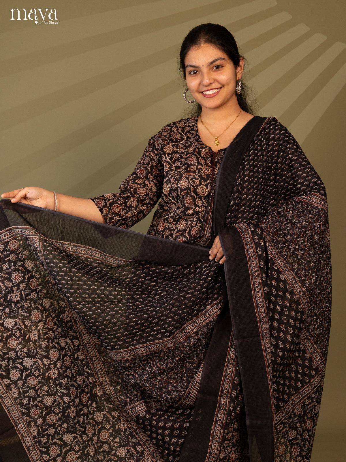 Black Cotton 3pc Salwar Suit with Floral Print - Top, Bottom & Dupatta - Shop on Shrus.com