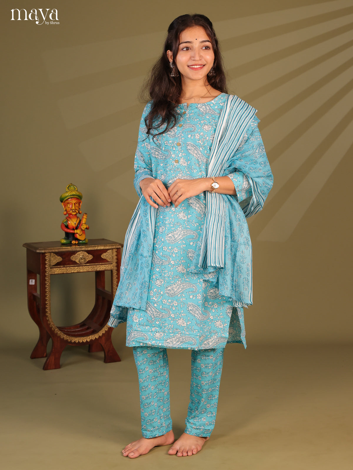 Blue Cotton 3pc Salwar Suit with Floral Print - Top, Bottom & Dupatta - Shop on Shrus.com