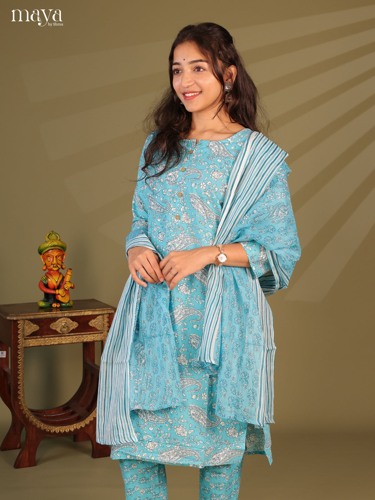 Blue Cotton 3pc Salwar Suit with Floral Print - Top, Bottom & Dupatta - Shop on Shrus.com
