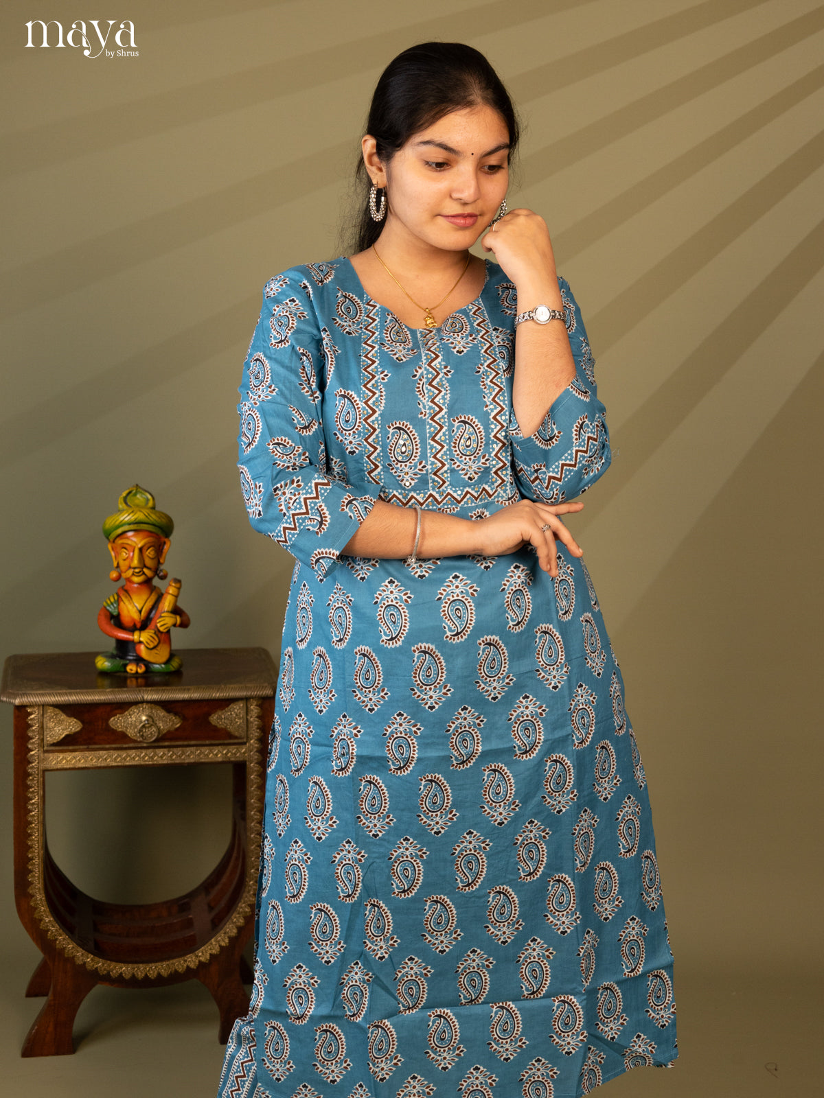 Blue Cotton 2Pc Salwar Suit With Floral Print - Top & Bottom - Shop on Shrus.com