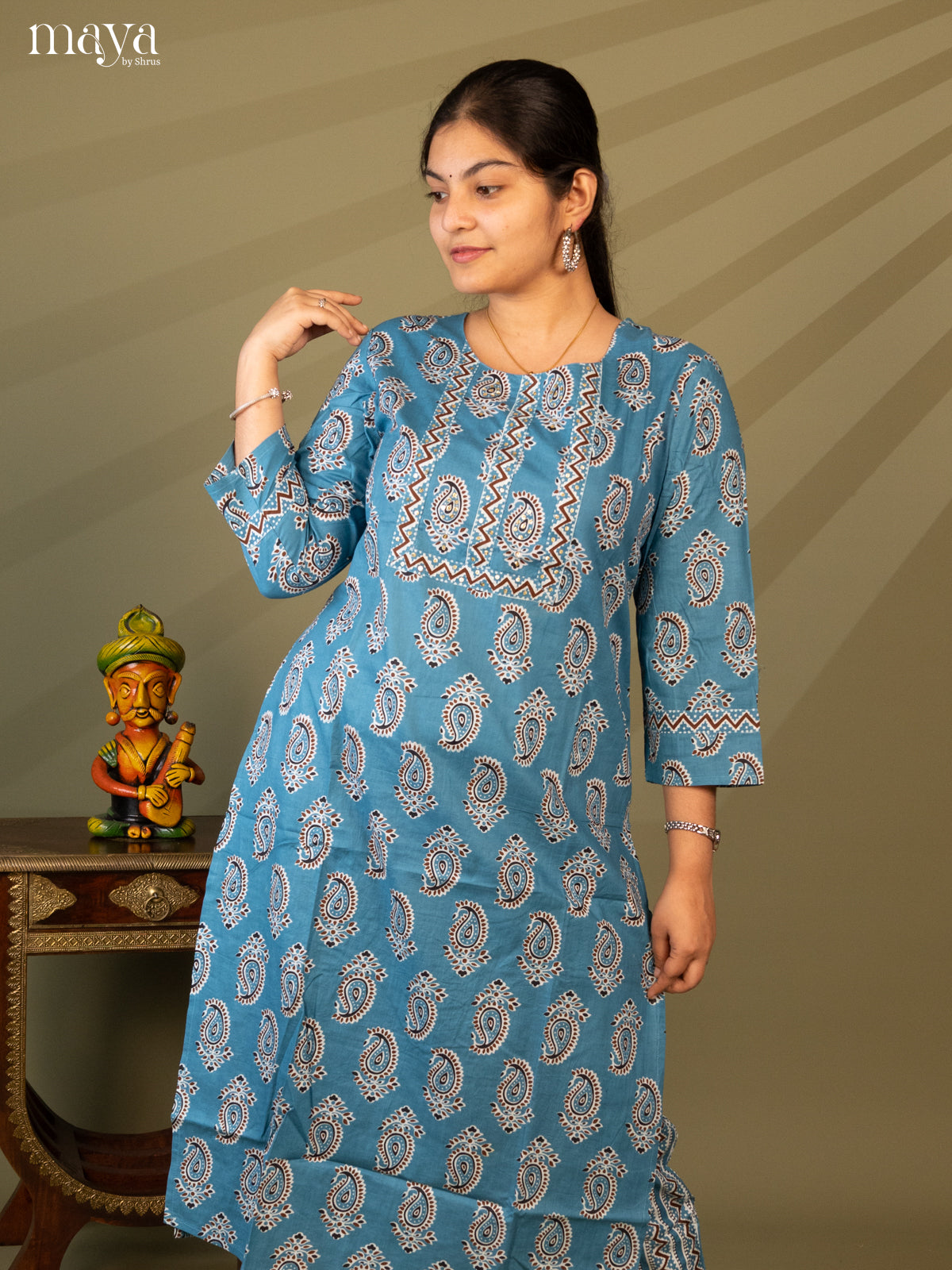 Blue Cotton 2Pc Salwar Suit With Floral Print - Top & Bottom - Shop on Shrus.com