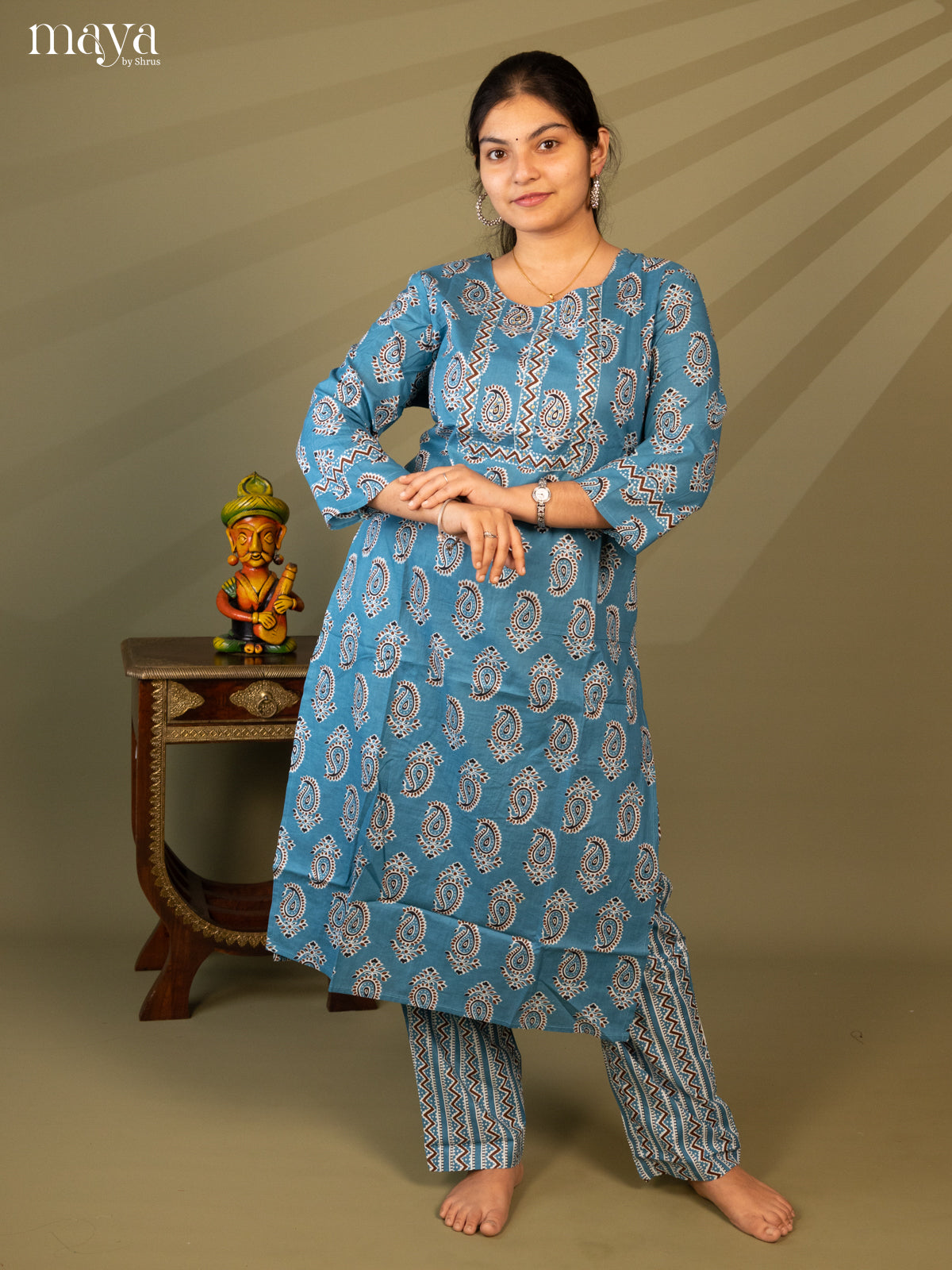 Blue Cotton 2Pc Salwar Suit With Floral Print - Top & Bottom - Shop on Shrus.com