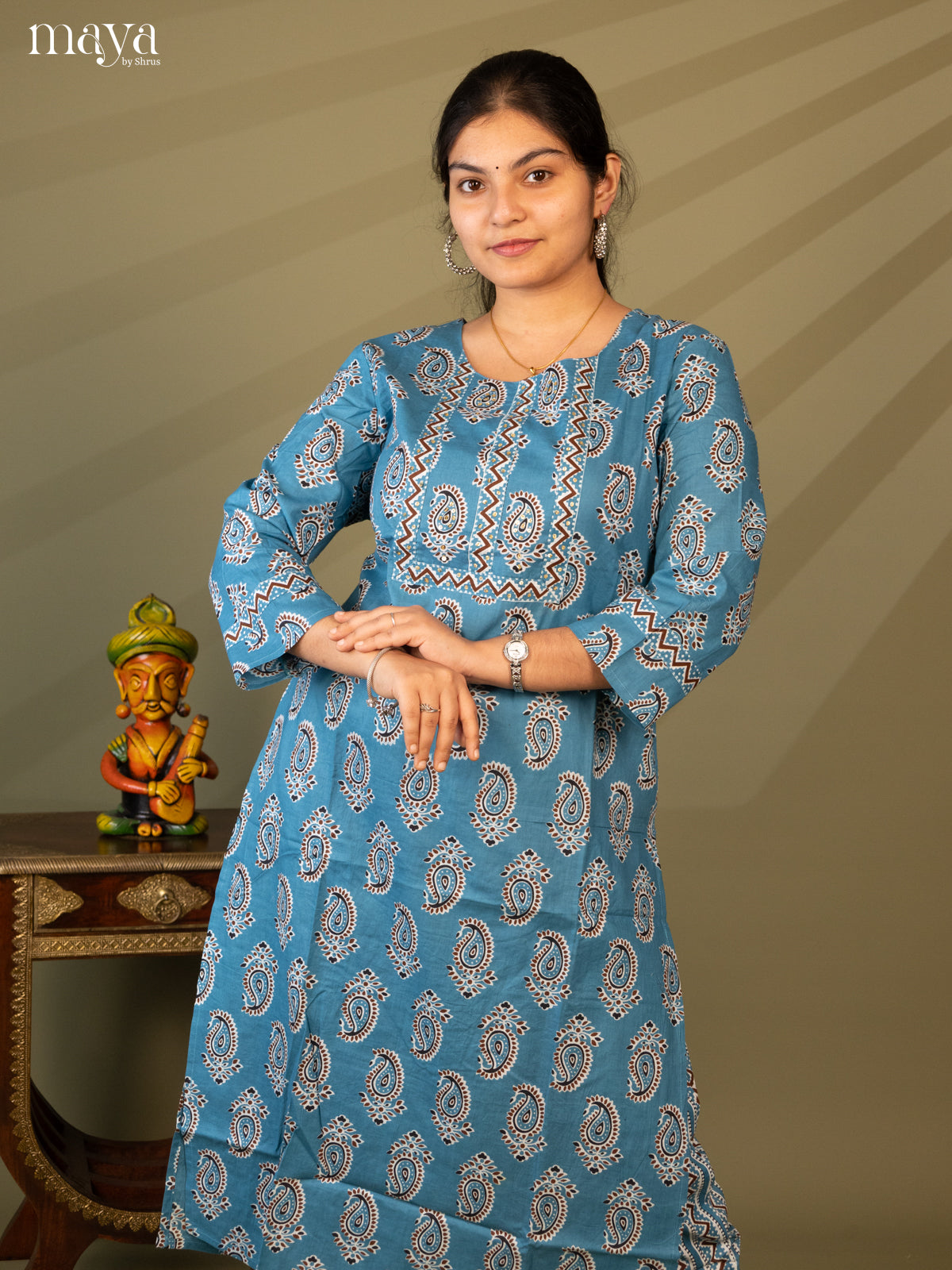 Blue Cotton 2Pc Salwar Suit With Floral Print - Top & Bottom - Shop on Shrus.com