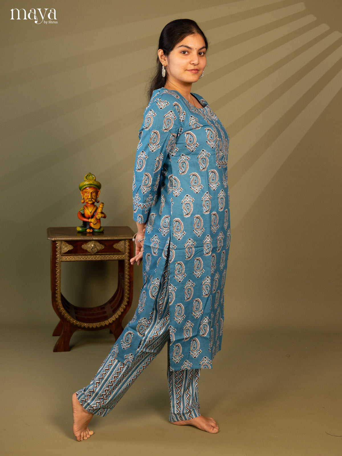 Blue Cotton 2Pc Salwar Suit With Floral Print - Top & Bottom - Shop on Shrus.com