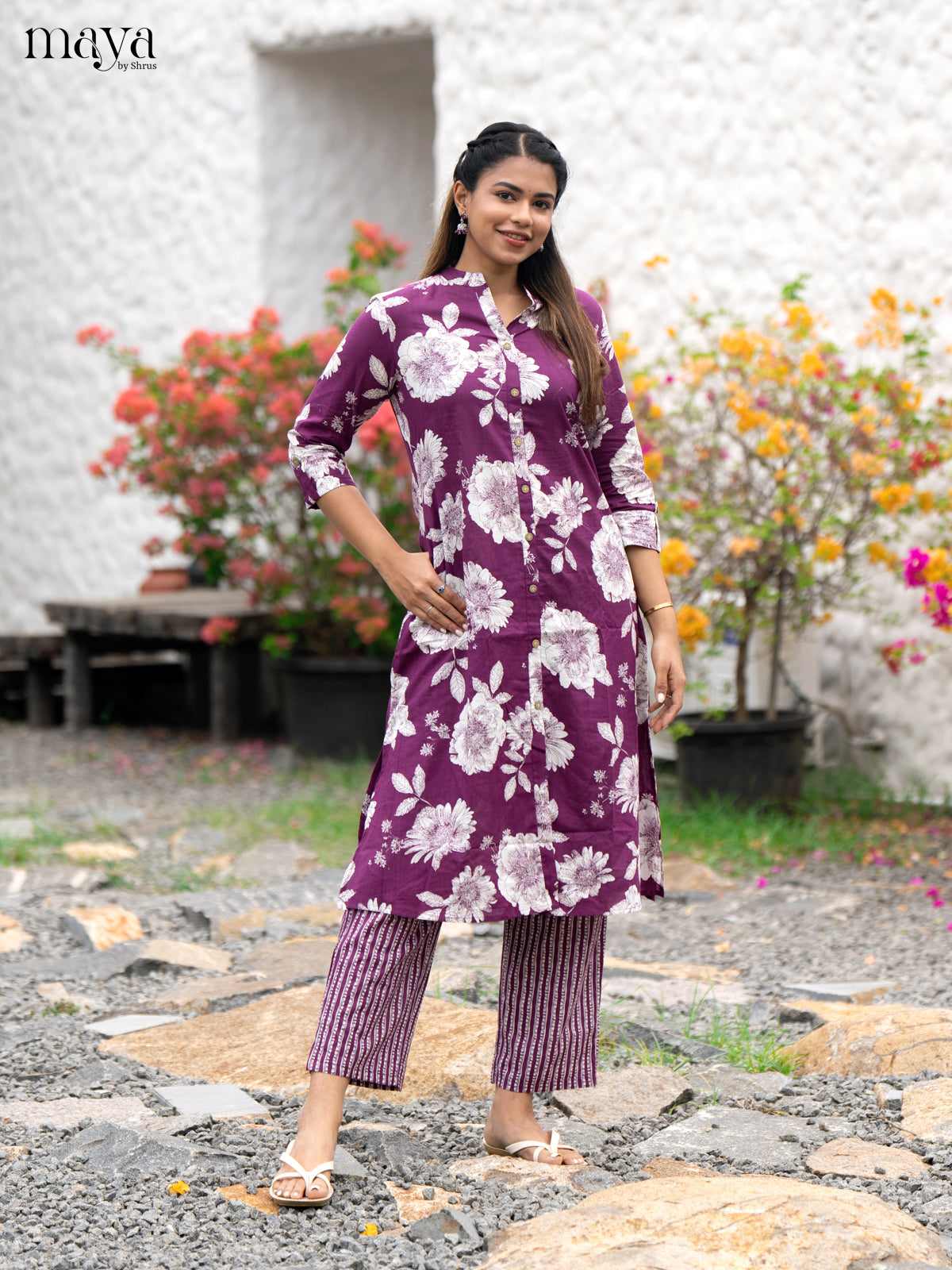 Purple Cotton 2pc Salwar Suit With Floral Print - Top & Bottom - Shop on Shrus.com